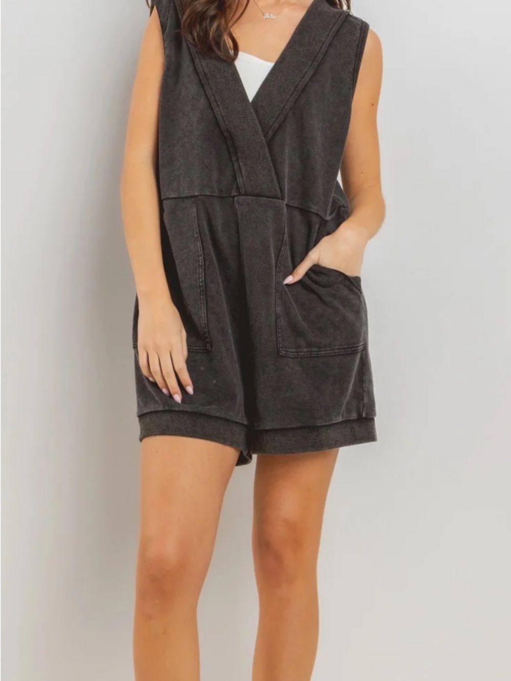 Romper in Washed Charcoal. First Picture isn’t exact, but similar fit.